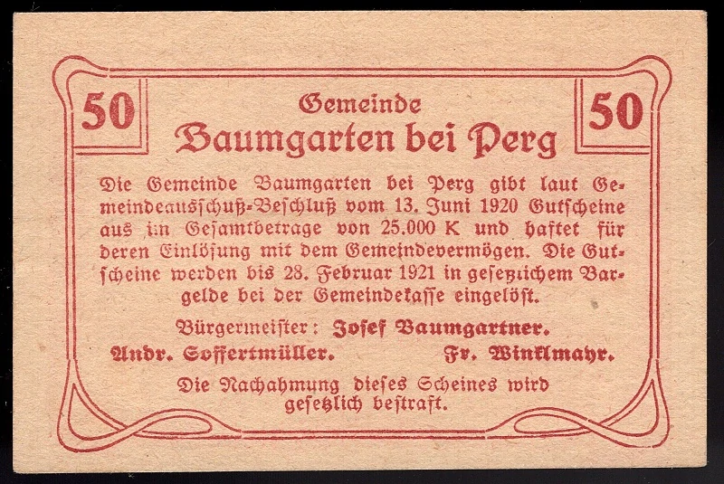 50 Heller 1920 aUNC - Baumgarten