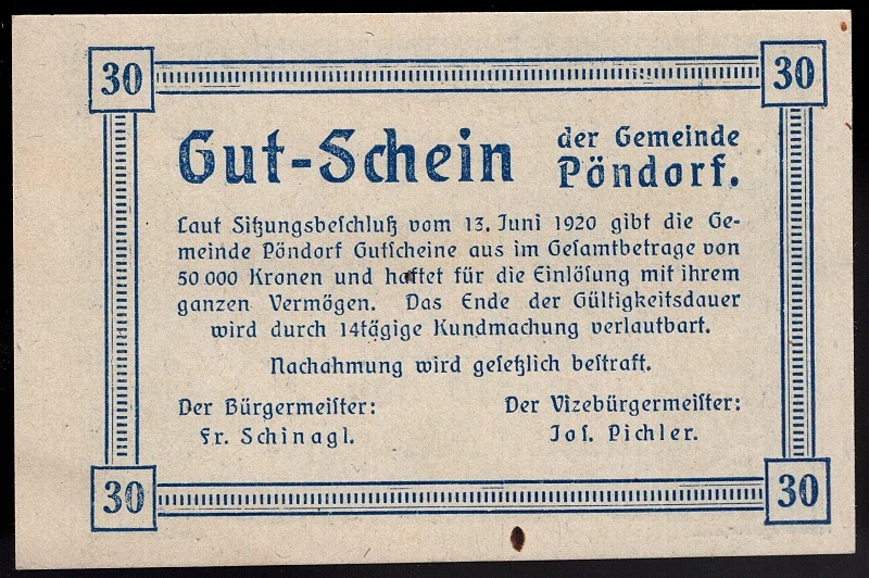30 Heller 1920 aUNC - Pöndorf