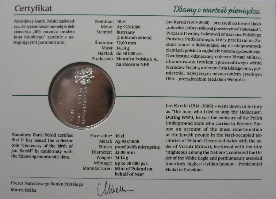 10 Zlote 2014 - 100. rocznica urodzin Jana Karskiego