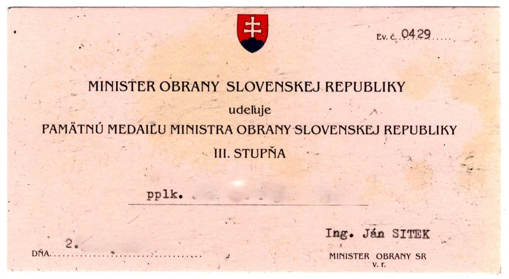Vyznamenanie - Ministra obrany SR, III. stupňa