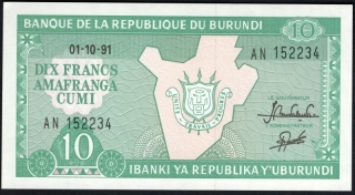10 Francs 1991 - Burundi aUNC