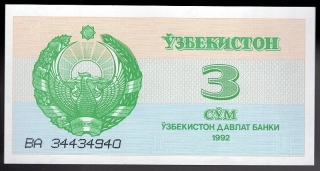 3 So´m 1992 UNC - Uzbekistan