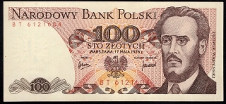 100 Zlotých 1976 aUNC , Séria BT