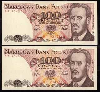 100 Zlotých 1976 aUNC , Séria BT (čísla po sebe)