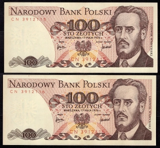 100 Zlotých 1976 , Séria CN (čísla po sebe)
